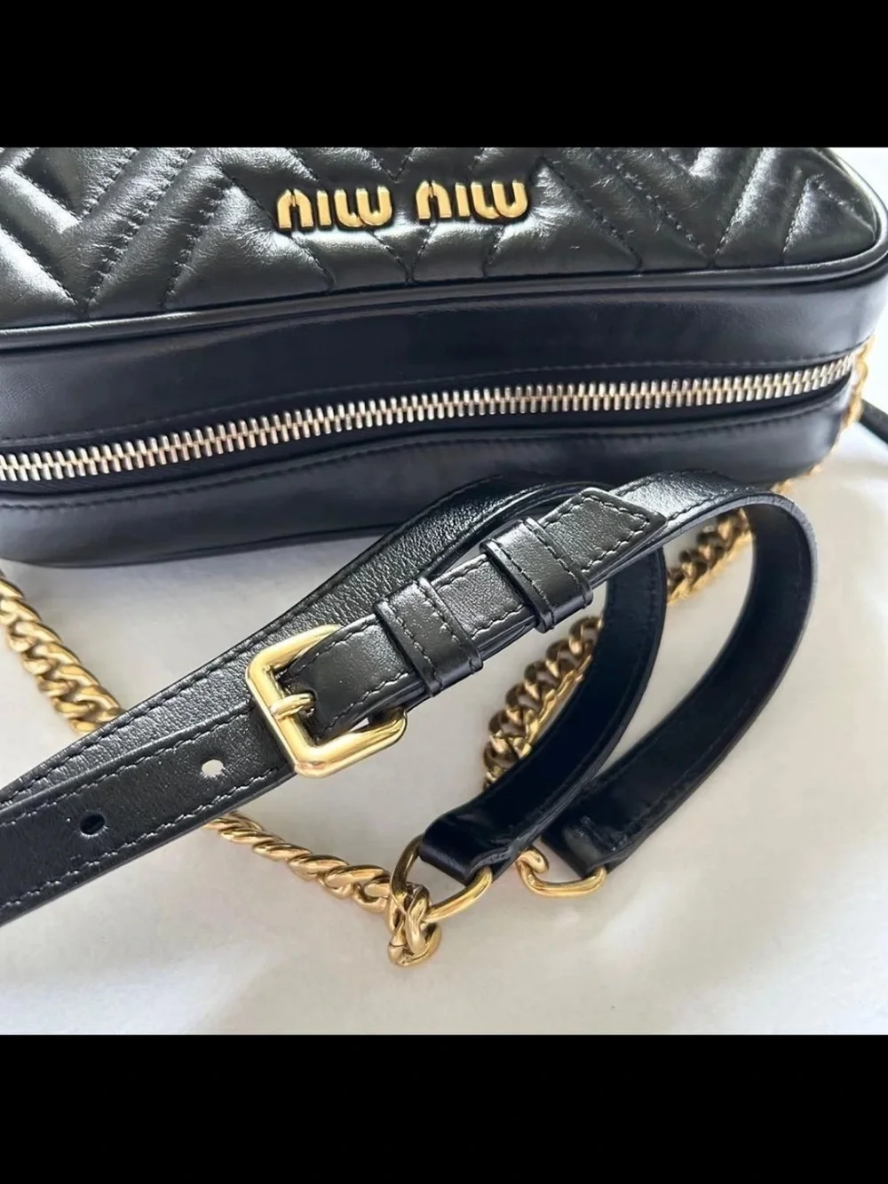 Miu Miu Black Quilted Camera Bag with Gold Chain Accent